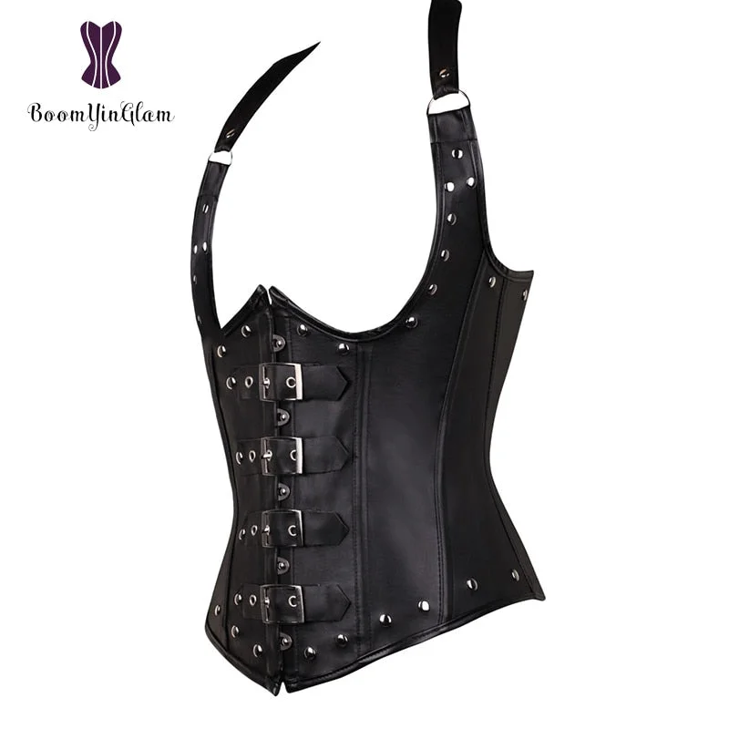 Black Women's Punk Style Spiral Steel Boned Waist Trainer Cincher Shaper Faux Leather Corset Underbust For Party Costumes 828#