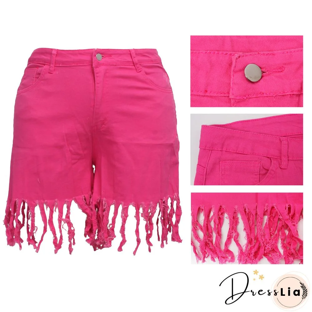 Plus Size Solid Color Autumn Fashion Women's Streetwear High Waist Tassel Jeans Denim Shorts