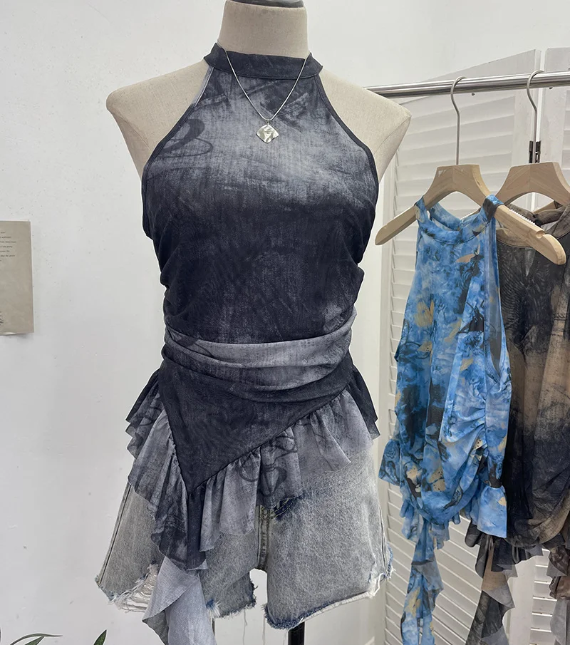 Uveng Trend Irregular Hanging Neck Dyeing Net Yarn Vest Lotus Side Ribbon Short Sleeveless Top 9969