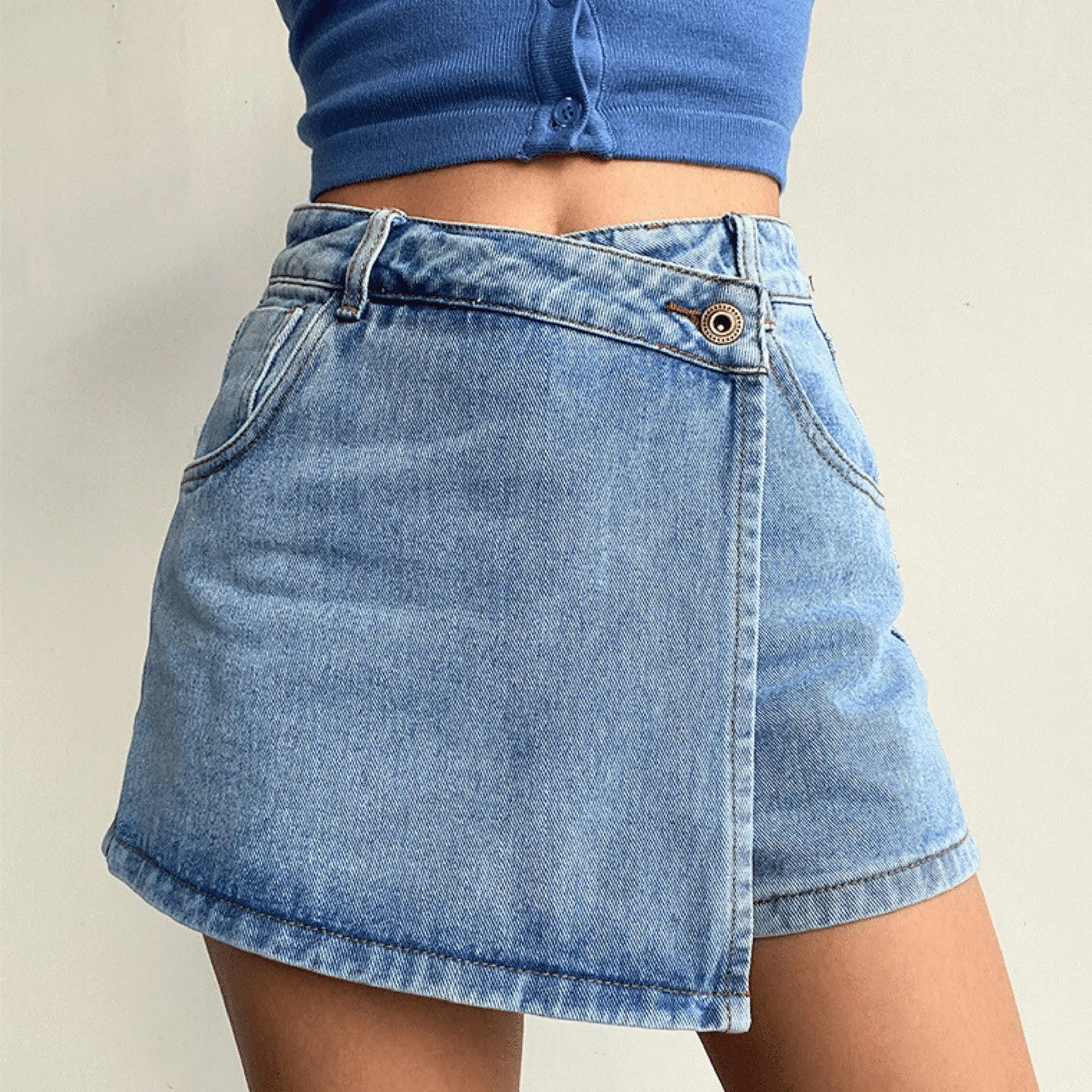 Women's Denim Skort &ndash; High-Waist A-Line with Button Detail