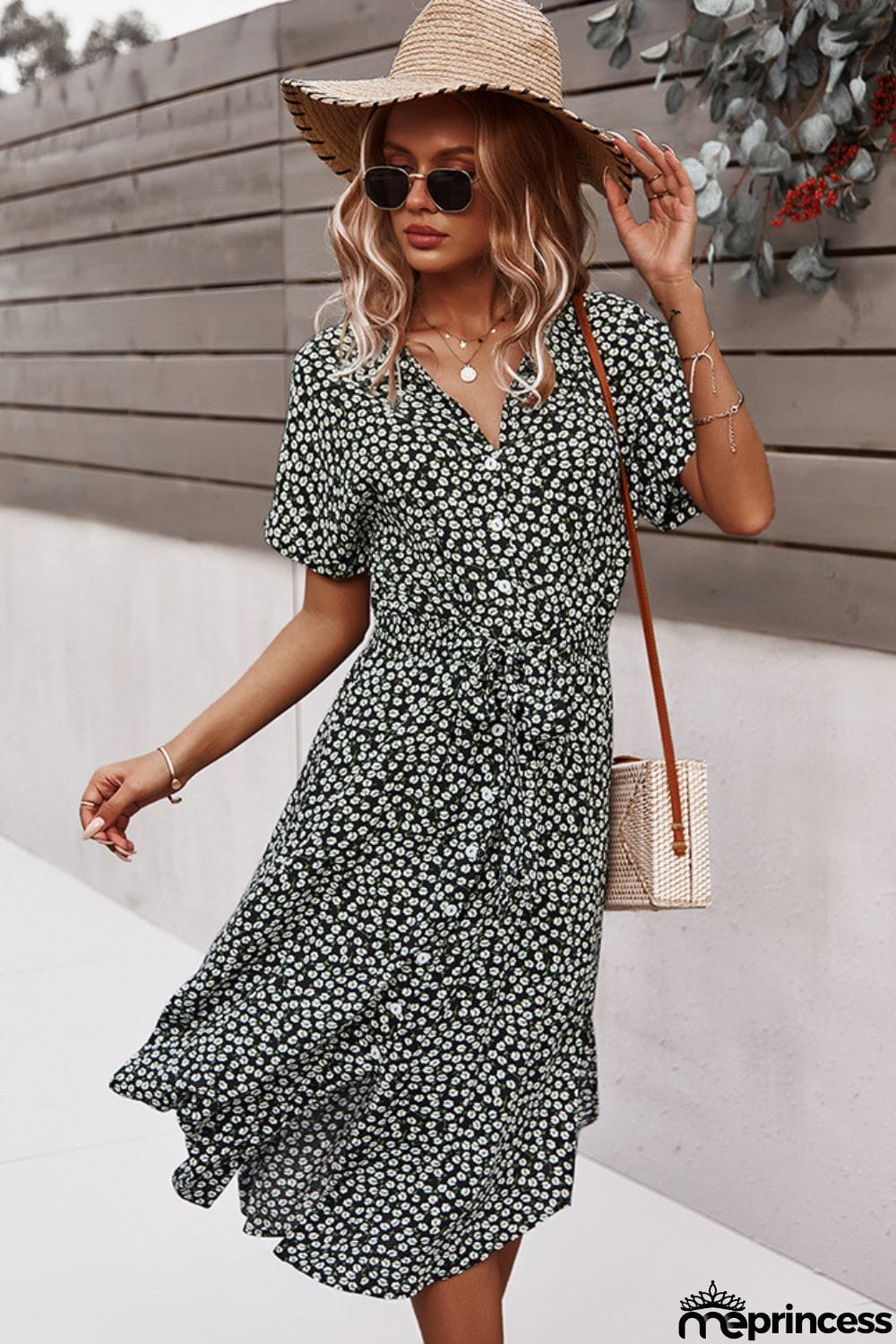 Floral Tie Front Slit Dress