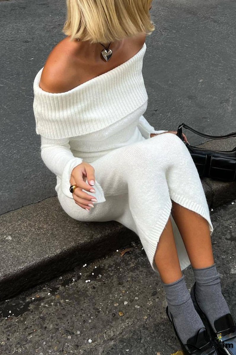 Sexy Solid Hollowed Out Slit Off the Shoulder Long Sleeve Dresses