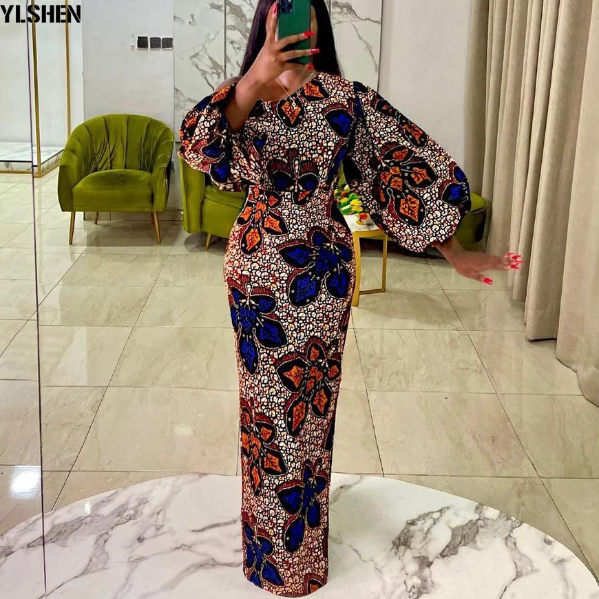 Cartoonh Long Bodycon African Dresses for Women 2023 Maxi Dress African Clothes Fall Sexy Print Lantern Sleeve Gown Robe Africaine Femme 320-0