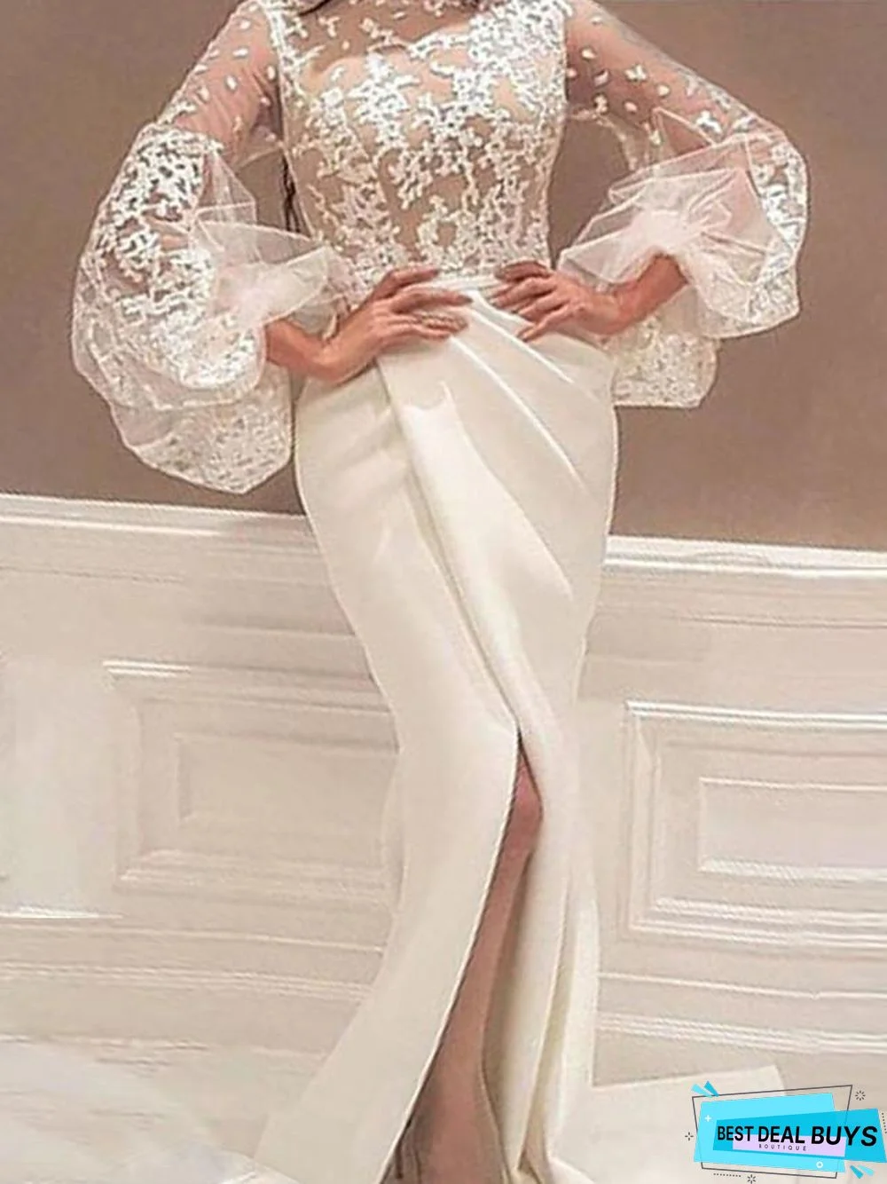 Women's Sheath Dress Maxi long Dress White Long Sleeve Solid Color Split Mesh Lace Fall Turtleneck Sexy Party Flare Cuff Sleeve Slim White Dresses