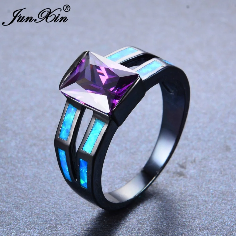 JUNXIN Rectangle AAA Purple Zircon Stone Rings For Women Men Black Gold Filled Wedding Party Blue Fire Opal Ring Birthday Gift