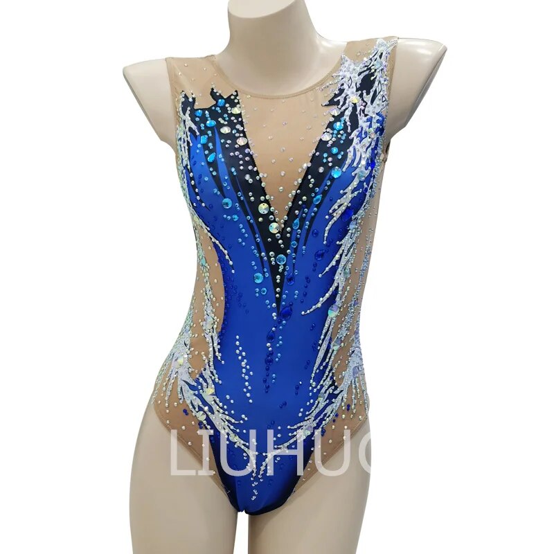 Synchronized Swimming Swimsuit Blue With Diamond Swimsuit Girls Competition Dress