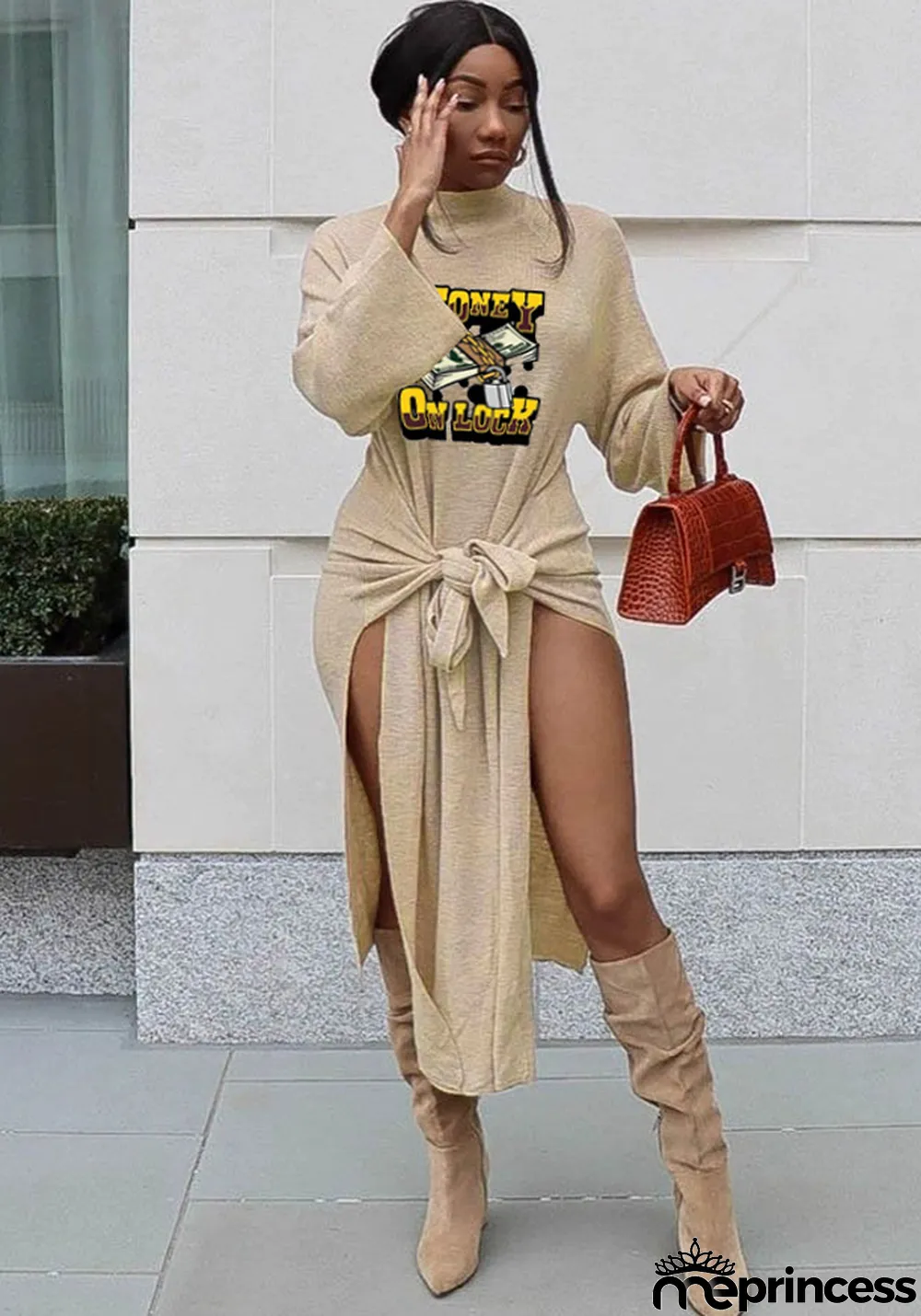 Print Ethnic Pullover Chic Career Half Ribbed Mid-Rise Lace-Up Dress