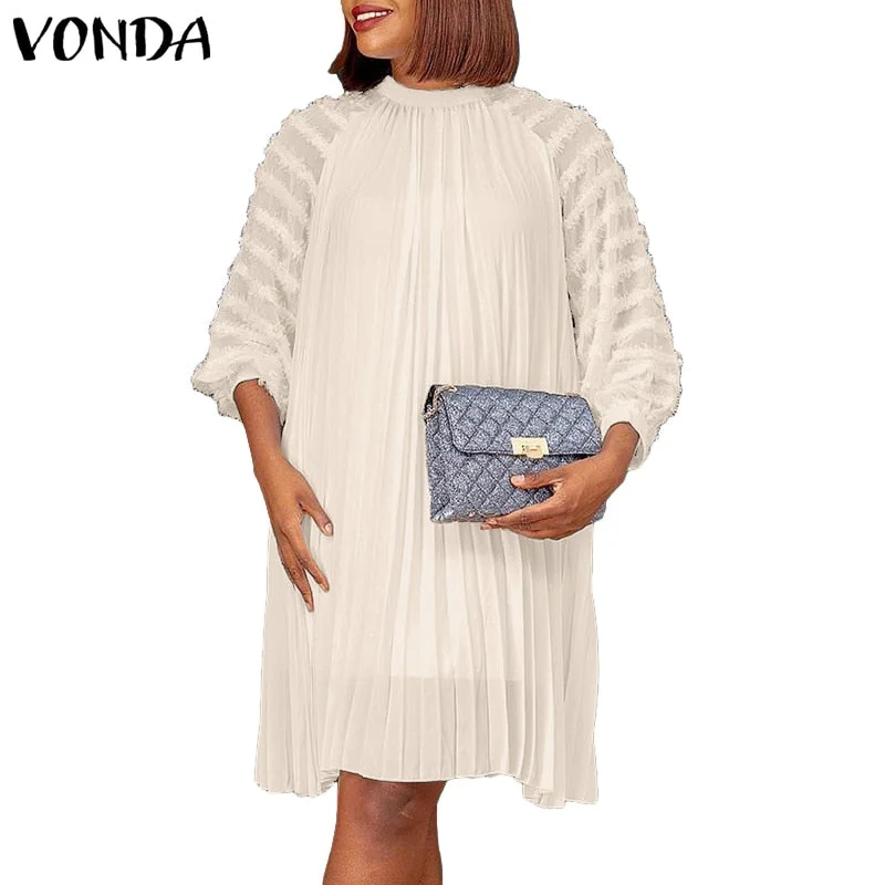 VONDA 2022 Women Bohmeian Lantern Sleeve Dress Elegant Knee-Length Party Dress Female A-Lined Robe Femme Oversized Sundress