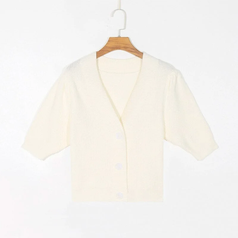 Spring women's sweater casual solid color V-neck short sleeve sweater