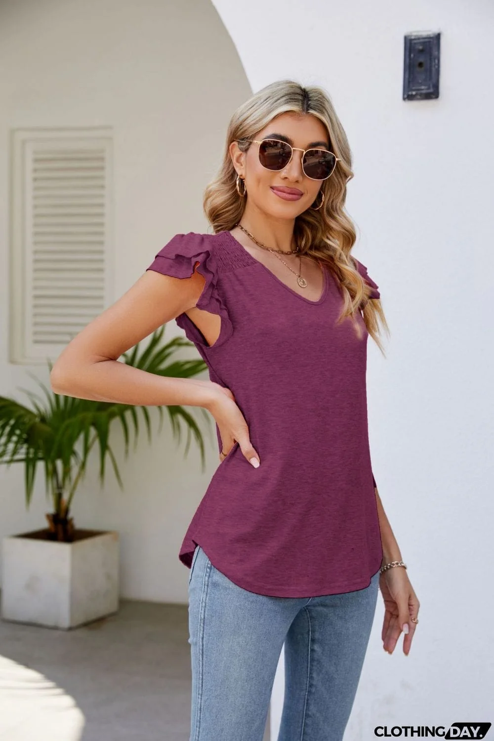 Smocked Flutter Sleeve V-Neck Top