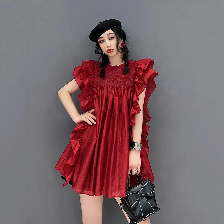 Fashion Solid Color Folds Splicing Flounced Edge Mini Dress 