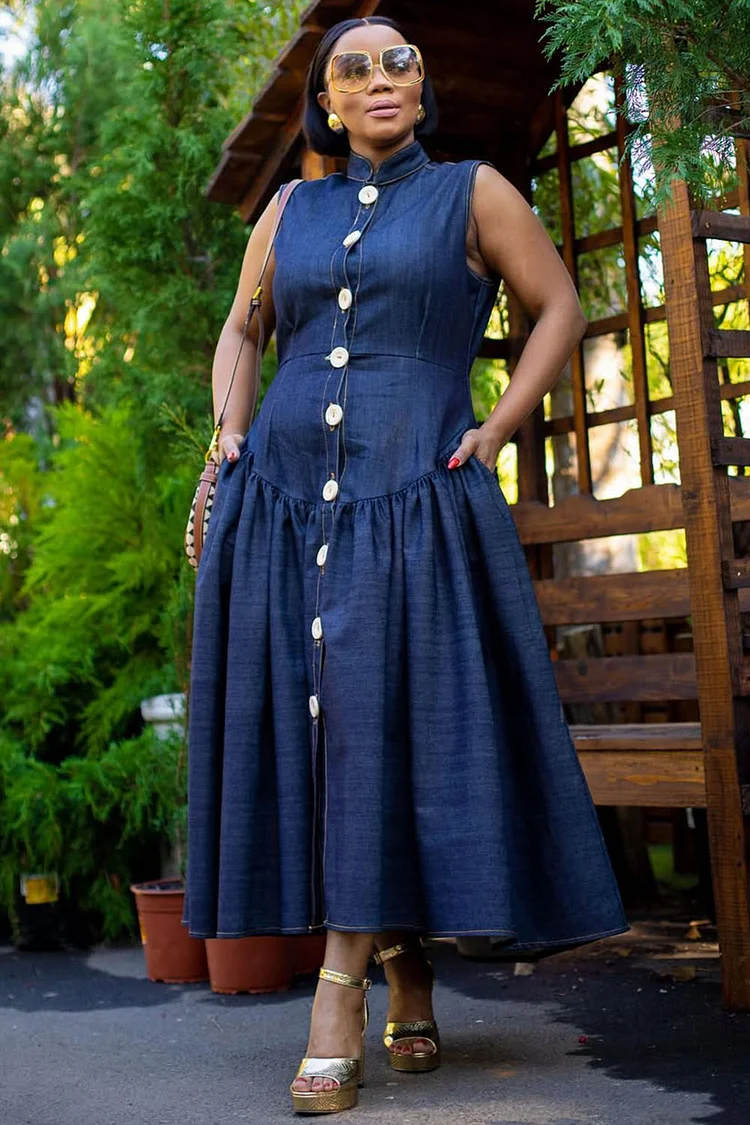 Stand Collar Button Low Waist Denim Sleeveless Maxi Dresses-Blue [Pre Order]