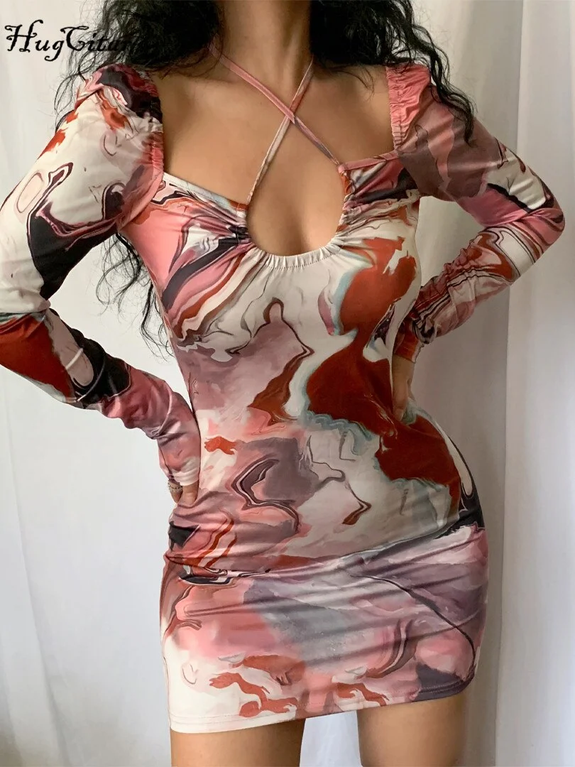 Hugcitar Print Square Neck Long Sleeves Hollow Out Bandage Halter Bodycon Mini Dress 2022 Sexy Women Streetwear Y2K Party Club
