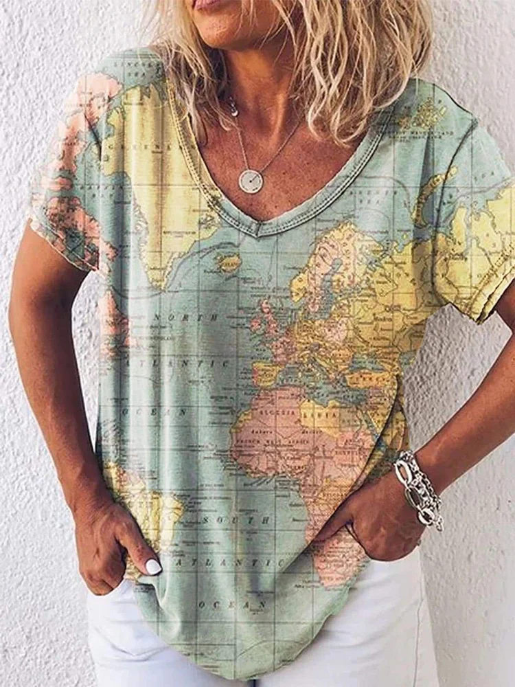 Women Map Painting Print V Neck T-shirt