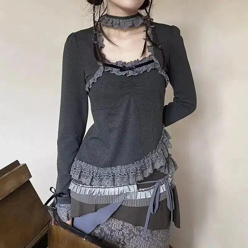 Brownm Grunge Asymmetric Lace Top