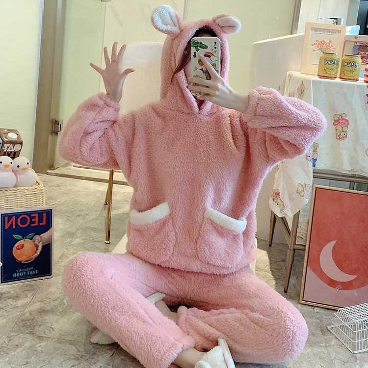 Cute Bear Ears Hooded Fuzzy Lounge PJ Sets - Gotamochi Kawaii Shop, Kawaii Clothes