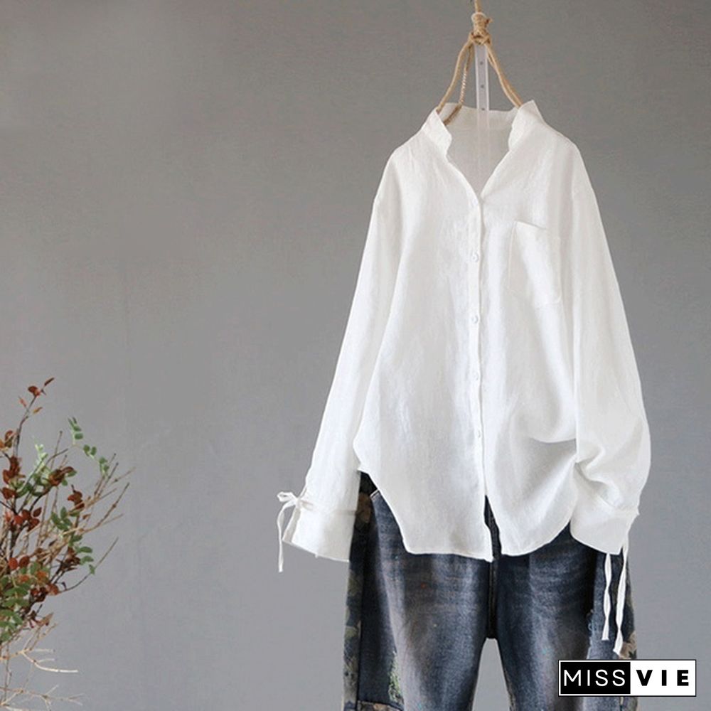 Women Stand Collar Long Sleeve Loose Casual Tops Shirt Blouse