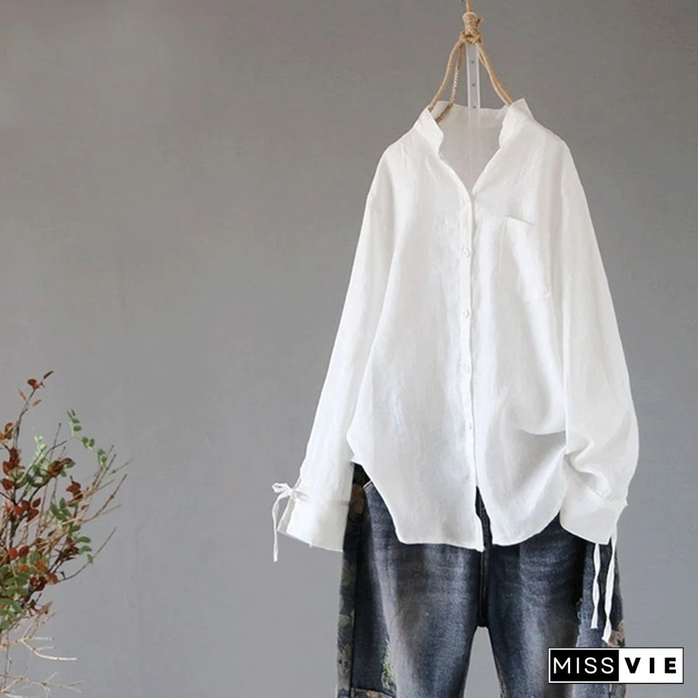 Women Stand Collar Long Sleeve Loose Casual Tops Shirt Blouse