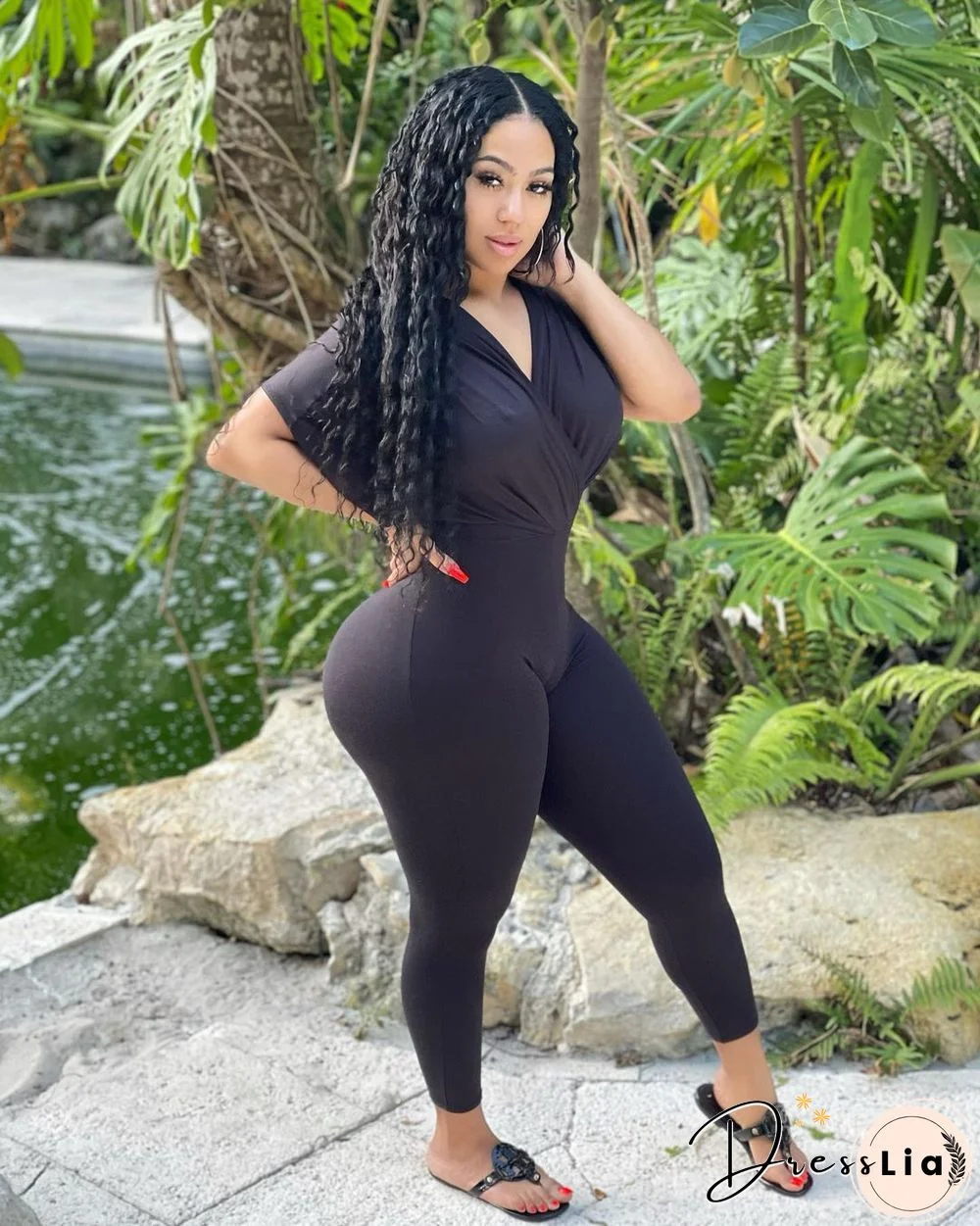 V Neck Short Sleeve High Waist Skinny Jumpsuits