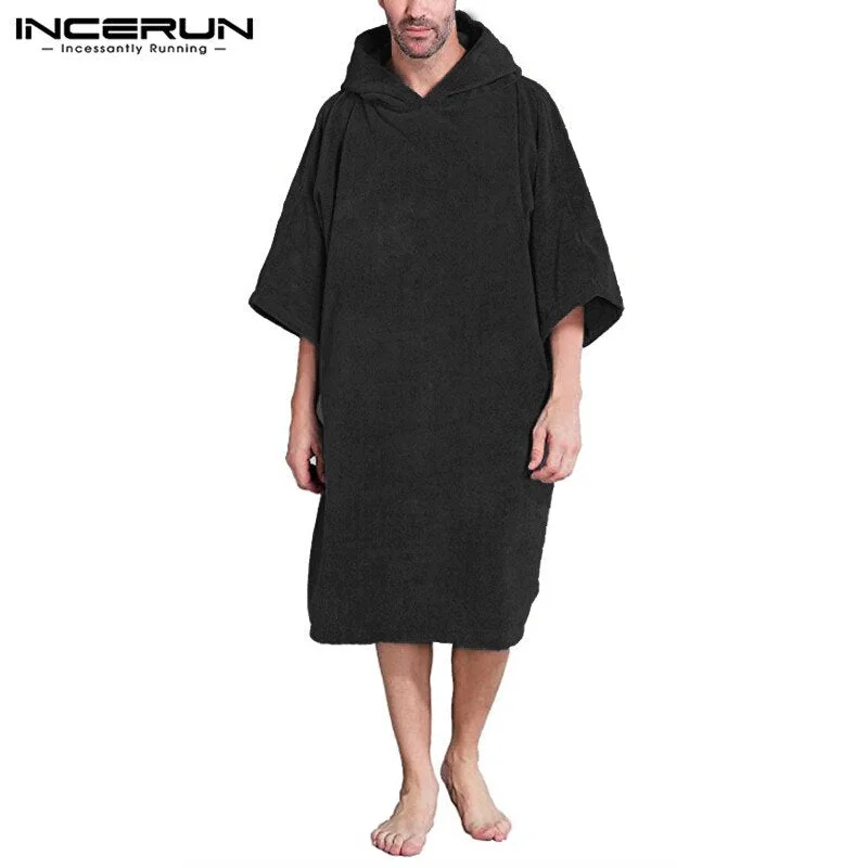 Men Bathrobes Homewear Hooded Half Sleeve Leisure Towel Robes Comfortable Solid Mens Nightgown Bathrobes Poncho INCERUN S-5XL 7