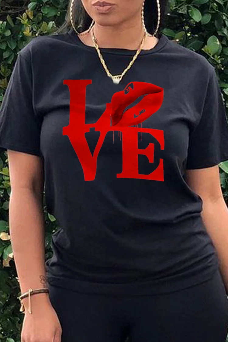 Black Fashion Casual Print Split Joint O Neck T-Shirts