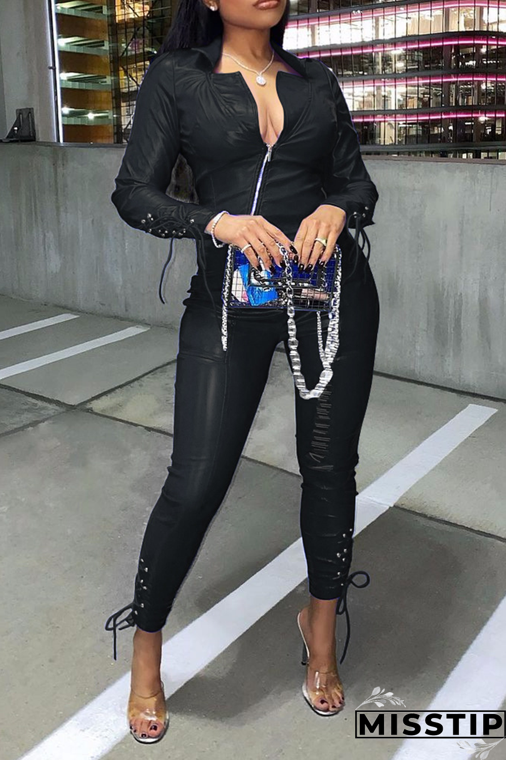 Blue Sexy Solid Draw String Turndown Collar Long Sleeve Two Pieces