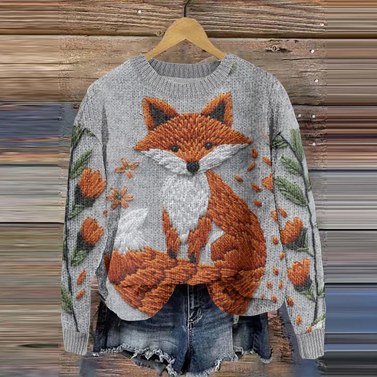 Fox Floral Women'S Crew Neck Knitted Sweater