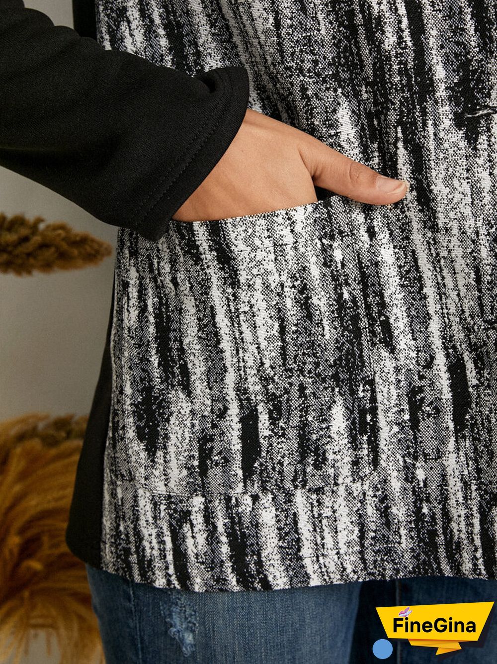 Vintage Print Pocket Button Lapel Long Sleeve Jacket