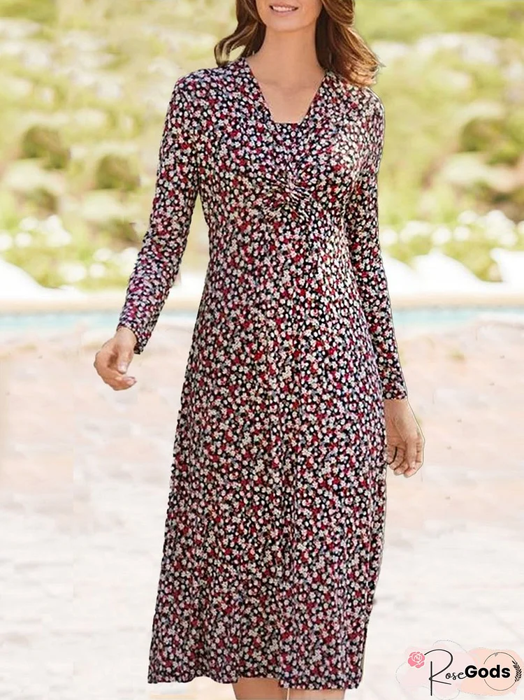 A-Line Floral Midi V Neck Regular Fit Dresses