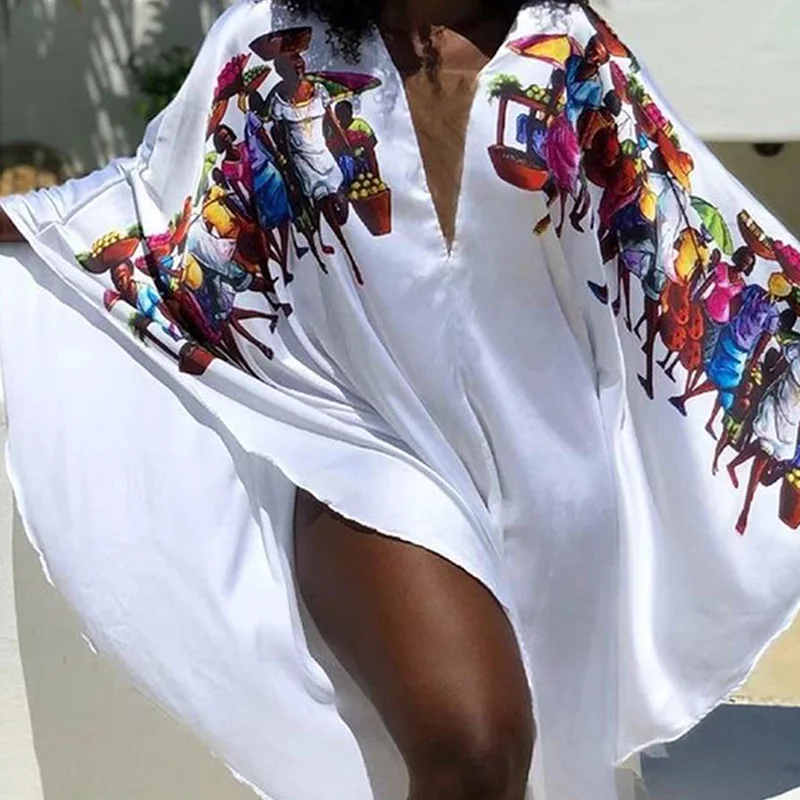 Brownm Brownm Summer African Fashion Digital Printed White Dress Loose Sexy Long Dress