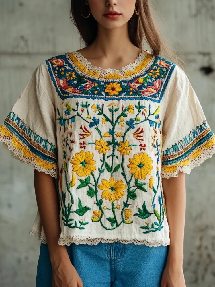 Vintage Folk Floral Embroidered Linen Blend Cozy Shirt