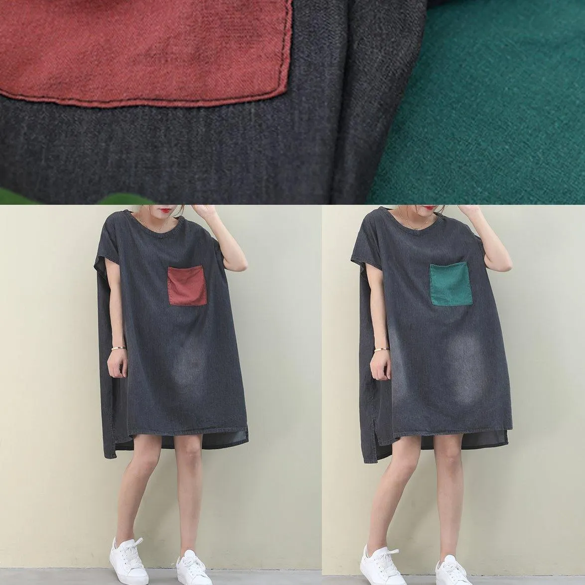 Women denim black Cotton clothes Women o neck green pockets Midi Dresses