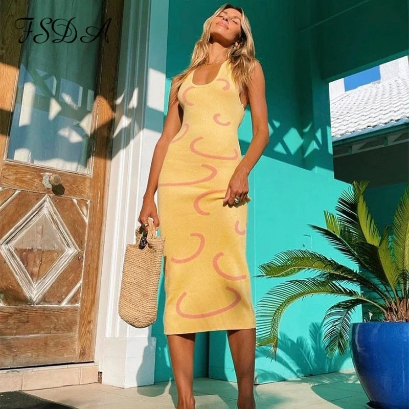 FSDA 2021 Knitted Bodycon Dress Women Halter Neck Summer Yellow Sleeveless Midi Backless Party Sexy Dresses Beach