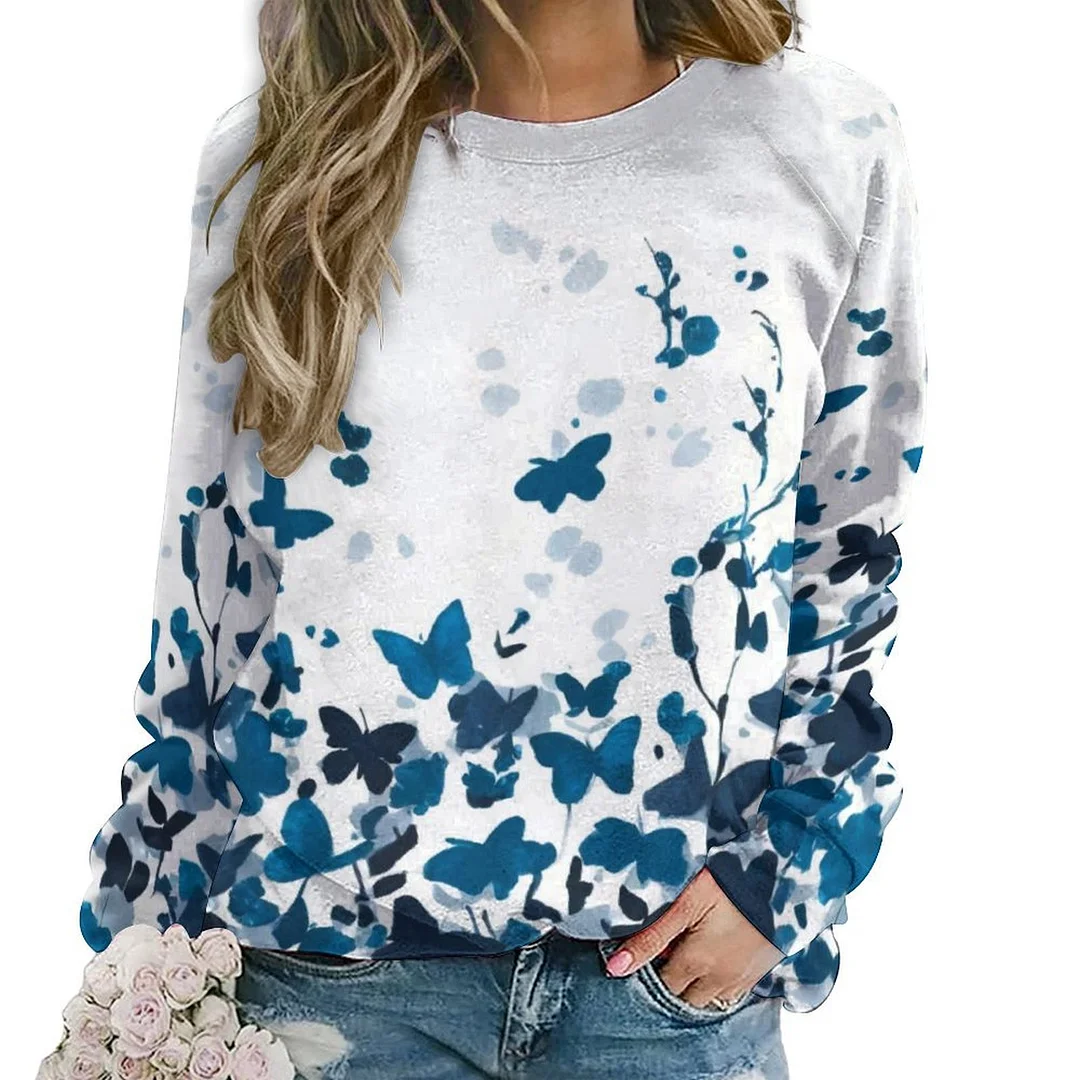 Printed Long Sleeve Casual Sweatshirt for  Women and Men Unisex Pattern Butterflies, Floral, Blue, Watercolor