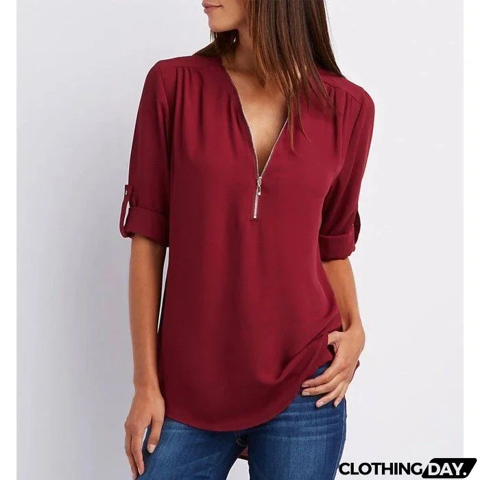 Plus Size Loose 3/4 Sleeve Zipper Blouse