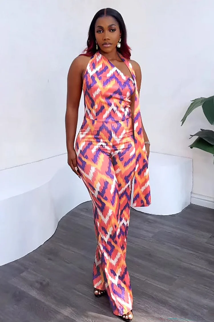 Geometric Print Halter Neck Straight Leg Casual Jumpsuit-Pink