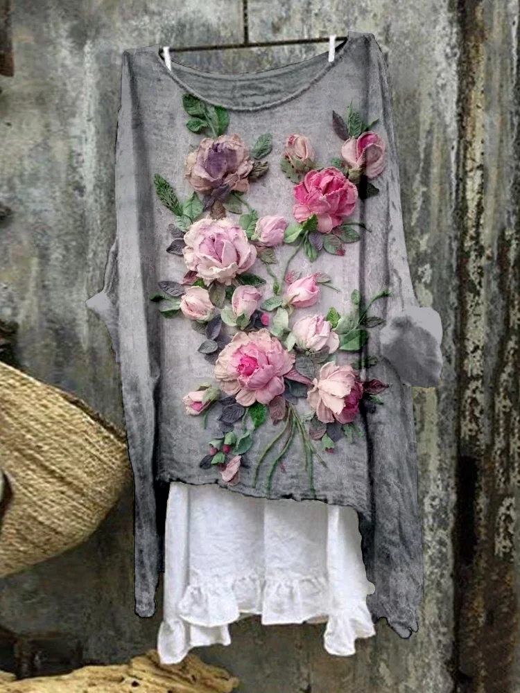 Elegant Flowers Relief Art Linen Blend Flowy Tunic