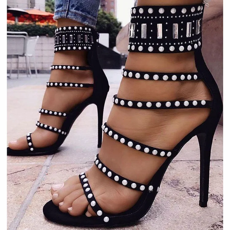 Black Jewelry Stiletto Heels Strappy Sandals for Party |FSJ Shoes