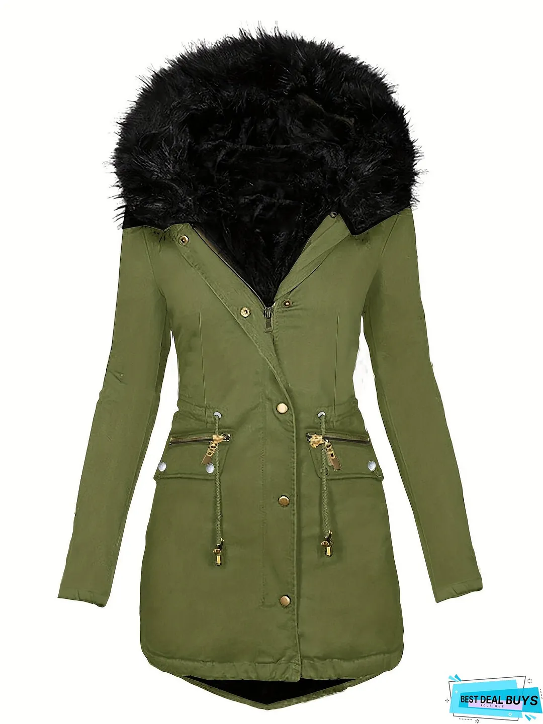 Faux Fur Hood Drawstring Parka Coat, Zip Up Button Front Pocket Thermal Overcoat, Women's Clothing