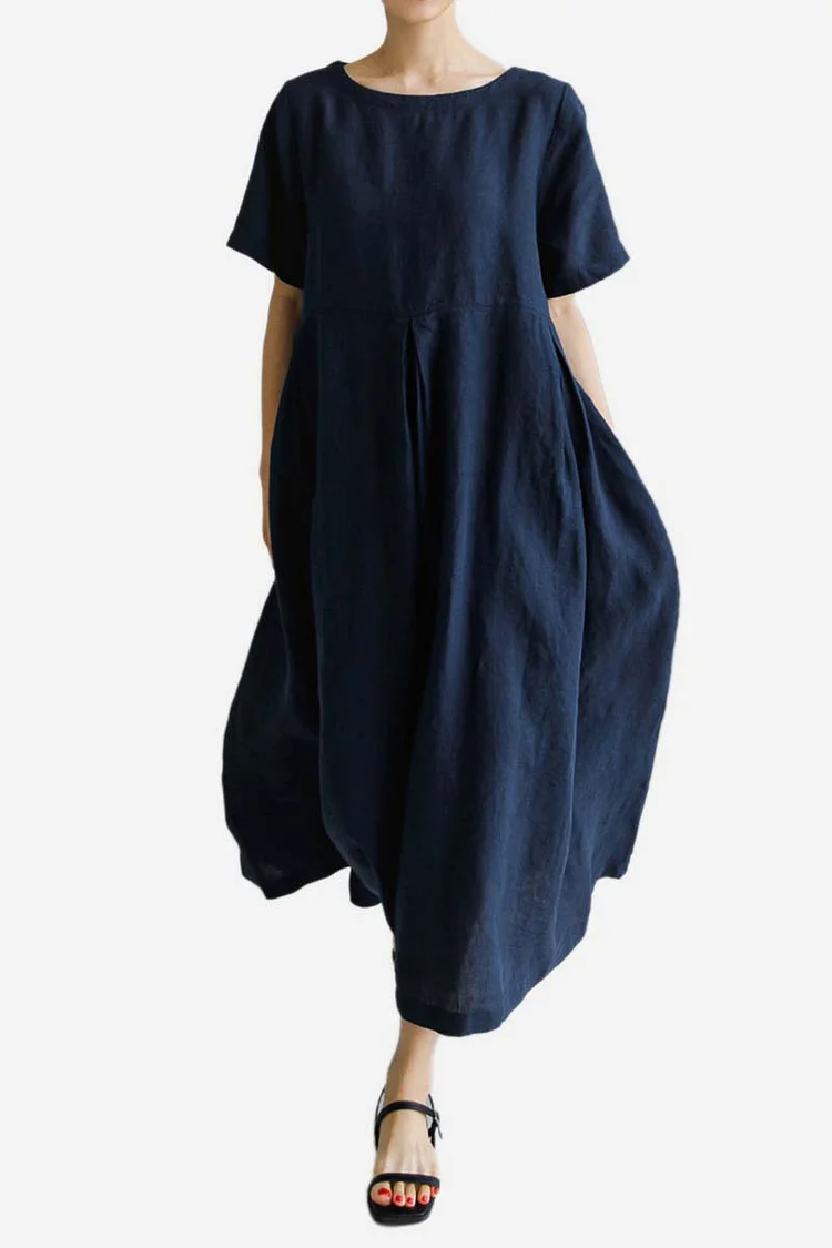 Round Neck Short Sleeve Pocket Linen Casual Maxi Dress