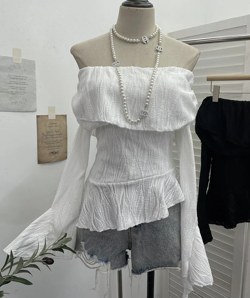 Uveng The Ballet Style Shoulder Fold Texture Texture Coat Irregularly Ribbon Horn Sleeve Short Shirt 1158