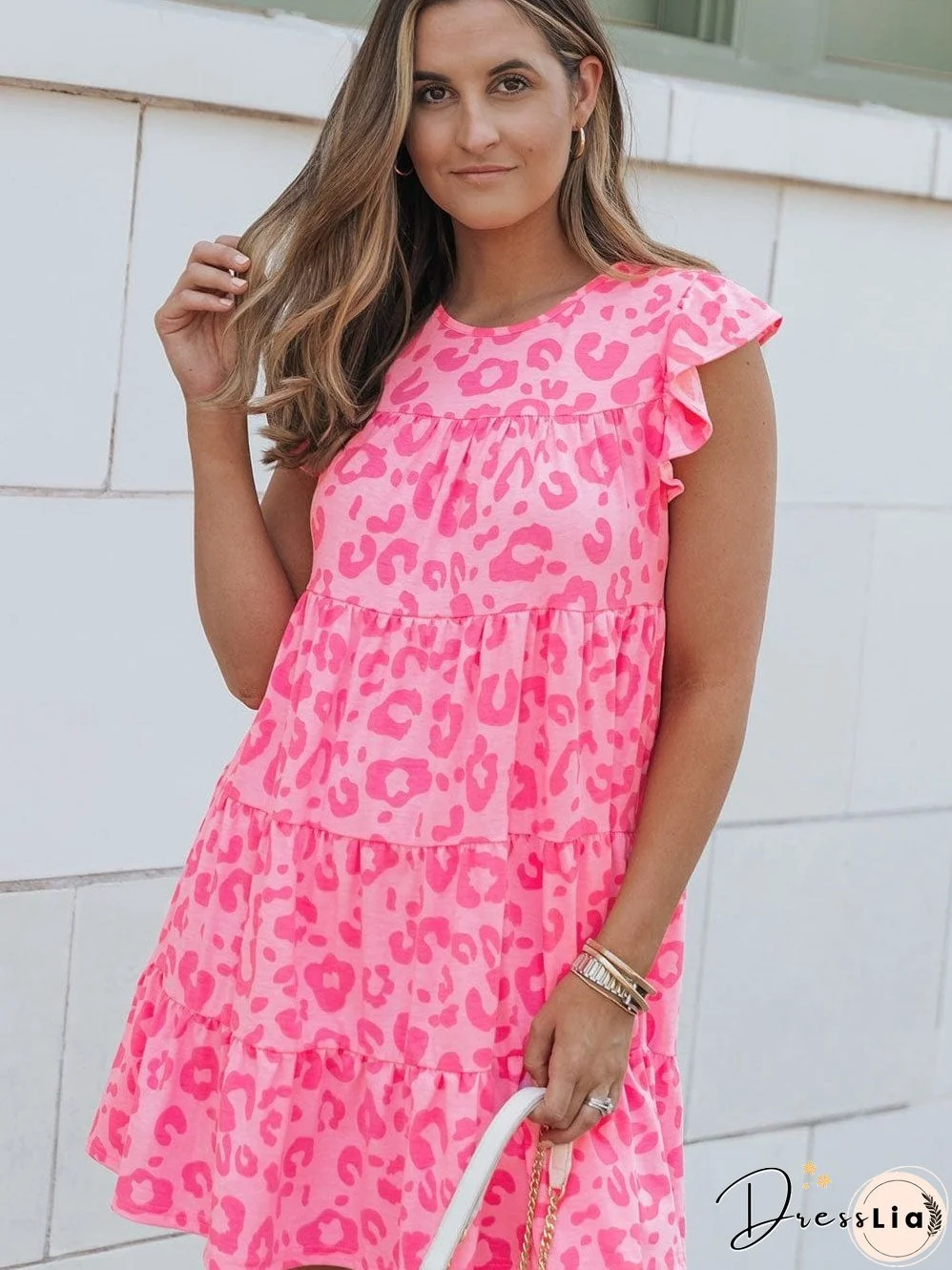 Leopard Print Ruffle Tiered Mini Dress with Round Neck