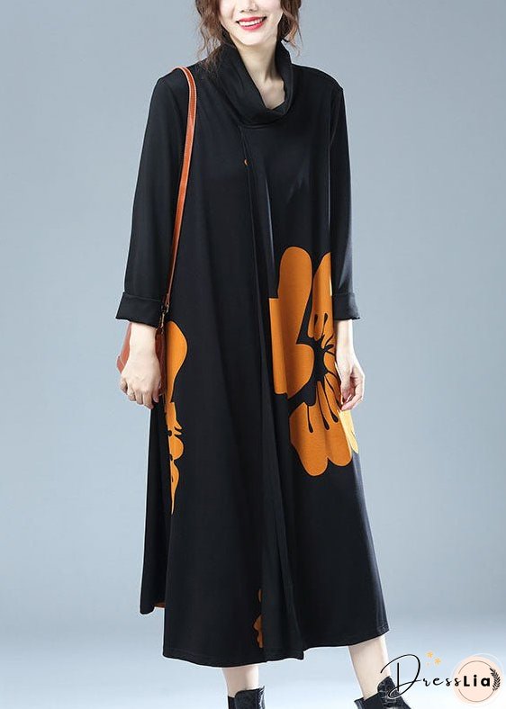 New Yellow Turtleneck Print Patchwork Cotton Long Dresses Fall