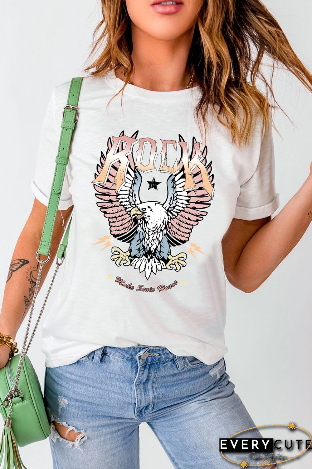 White ROCK & Eagle Graphic Round Neck Tee
