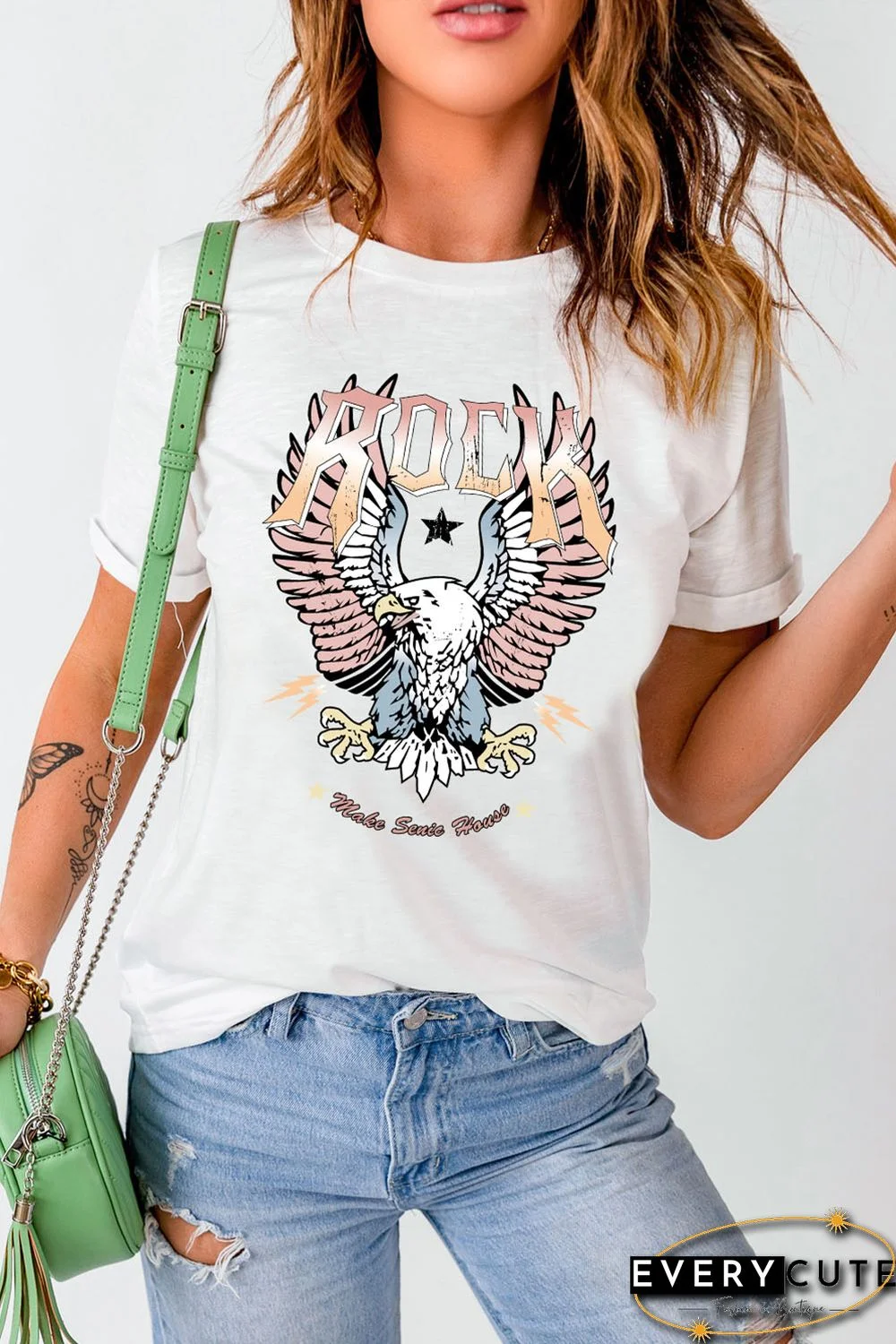 White ROCK & Eagle Graphic Round Neck Tee