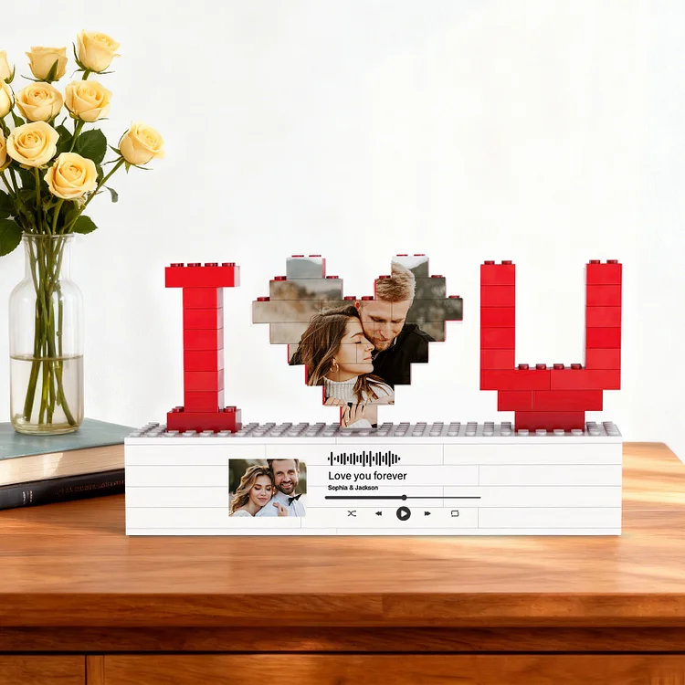 Personalized I Love U Building Blocks Valentines Day Gifts for Him Custom Heart Shaped Romantic Picture Frame Building Bricks for Couples Lovers with Music Design