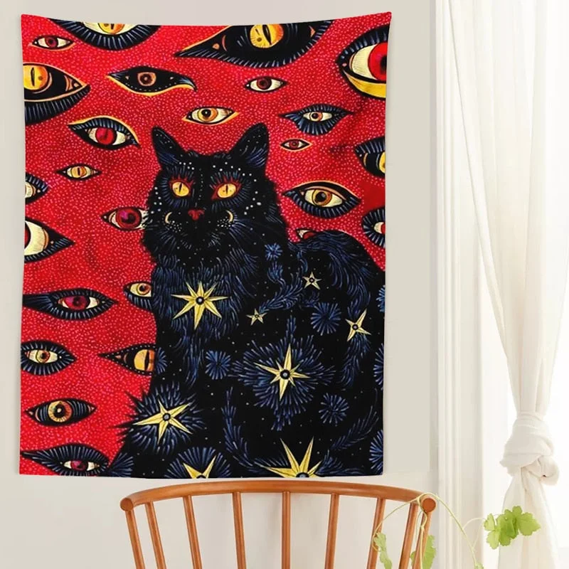 Cat eye Tapestry Wall Hanging Tarot Witchcraft Baphomet Occult Home Wall Black Cool Decor Cat Coven Dorm Room Decor Art