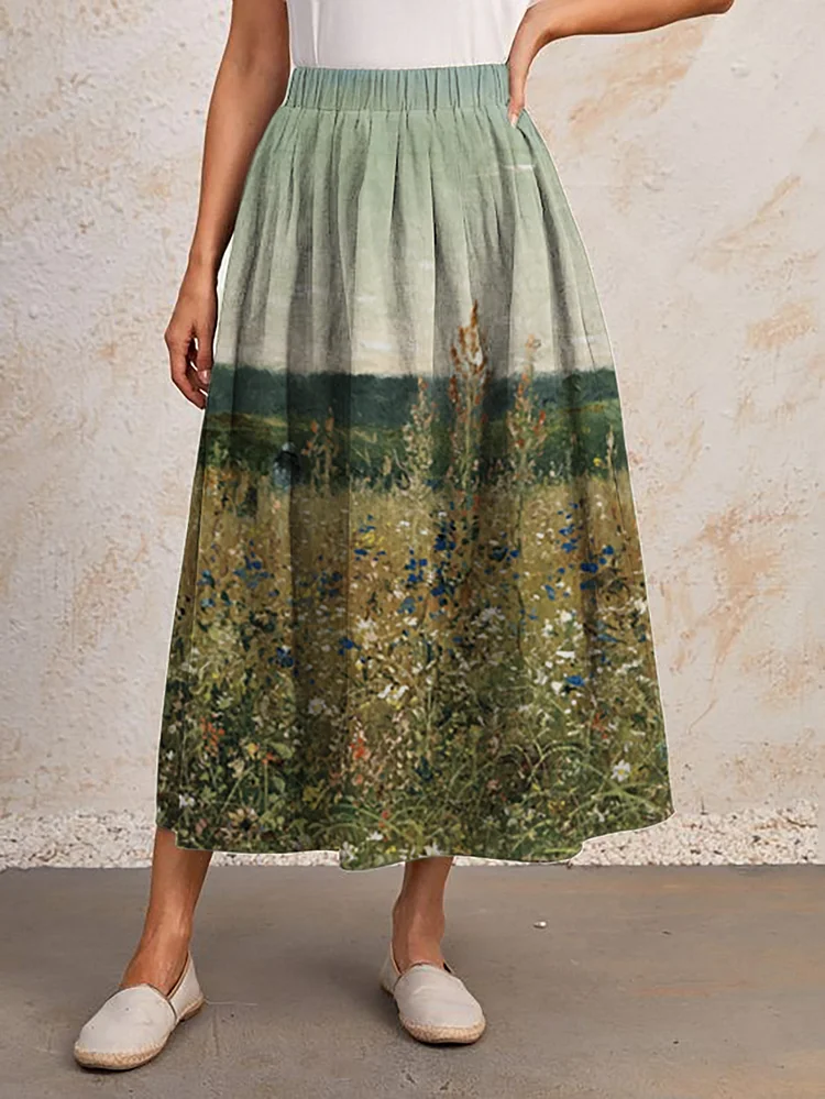 Women's Retro Oil Painting Floral Landscape Art Print Skirt​