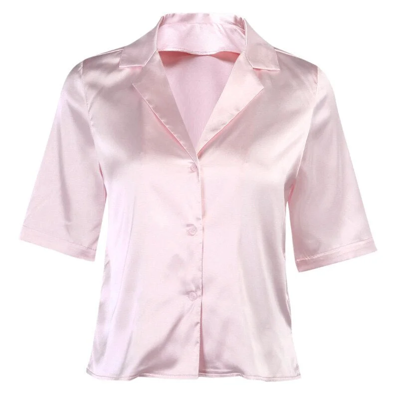 InstaHot silk elegant soft blouse notched collar satin tops short sleeve summer office lady button tops 2020 fashion blouse