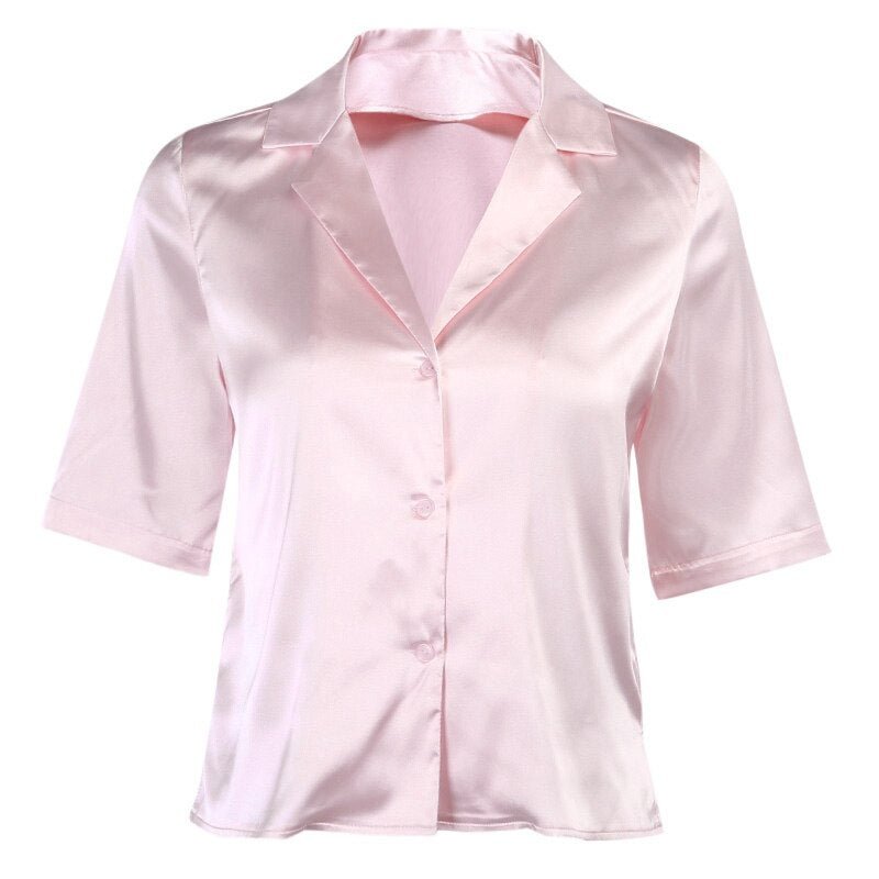 InstaHot silk elegant soft blouse notched collar satin tops short sleeve summer office lady button tops 2020 fashion blouse